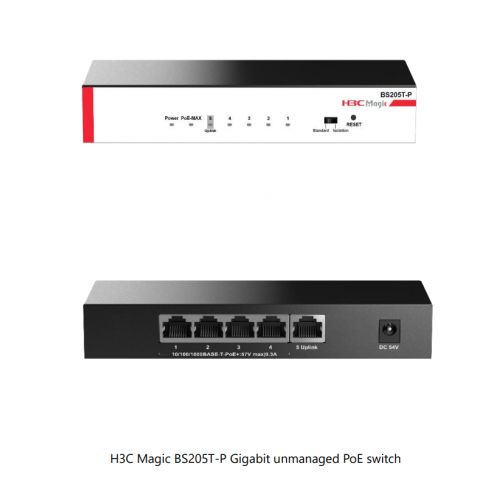  H3C Magic BS205T-P, 5 Port, GigaBit, 4 Port PoE, 57W, +1 Port GigaBit Uplink, Metal Kasa, YÃ¶netilemez, MasaÃ¼stÃ¼ Switch 