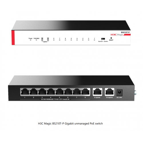  H3C Magic BS210T-P, 10 Port, GigaBit, 8 Port PoE, 57W, +2 Port GigaBit Uplink, Metal Kasa, YÃ¶netilemez, MasaÃ¼stÃ¼ Switch 