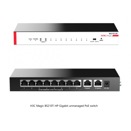  H3C Magic BS210T-HP, 10 Port, GigaBit, 8 Port PoE, 110W, +2 Port GigaBit Uplink, Metal Kasa, YÃ¶netilemez, MasaÃ¼stÃ¼ Switch 