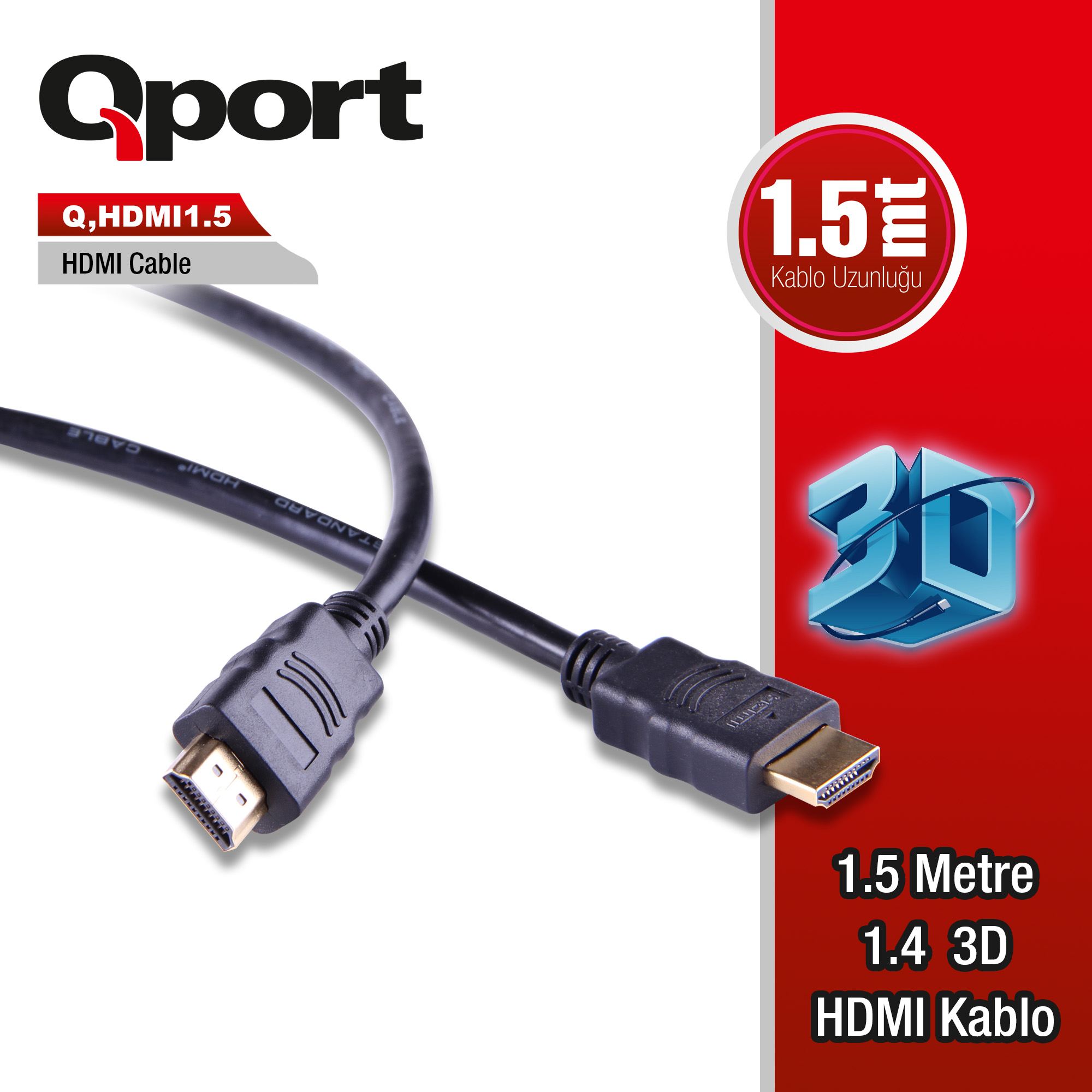 Q-HDMI1_5 QPORT Q-HDMI1.5 to HDMI1.5 1.4 3D 1.5 METRE ALTIN UÇLU KABLO