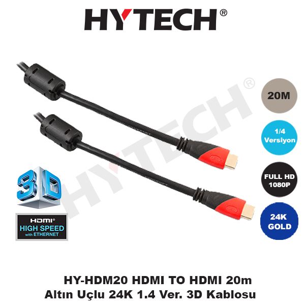 HDMI TO HDMI 20m Altın Uçlu 24K 1.4 Ver. 3D Kablosu HY-HDM20