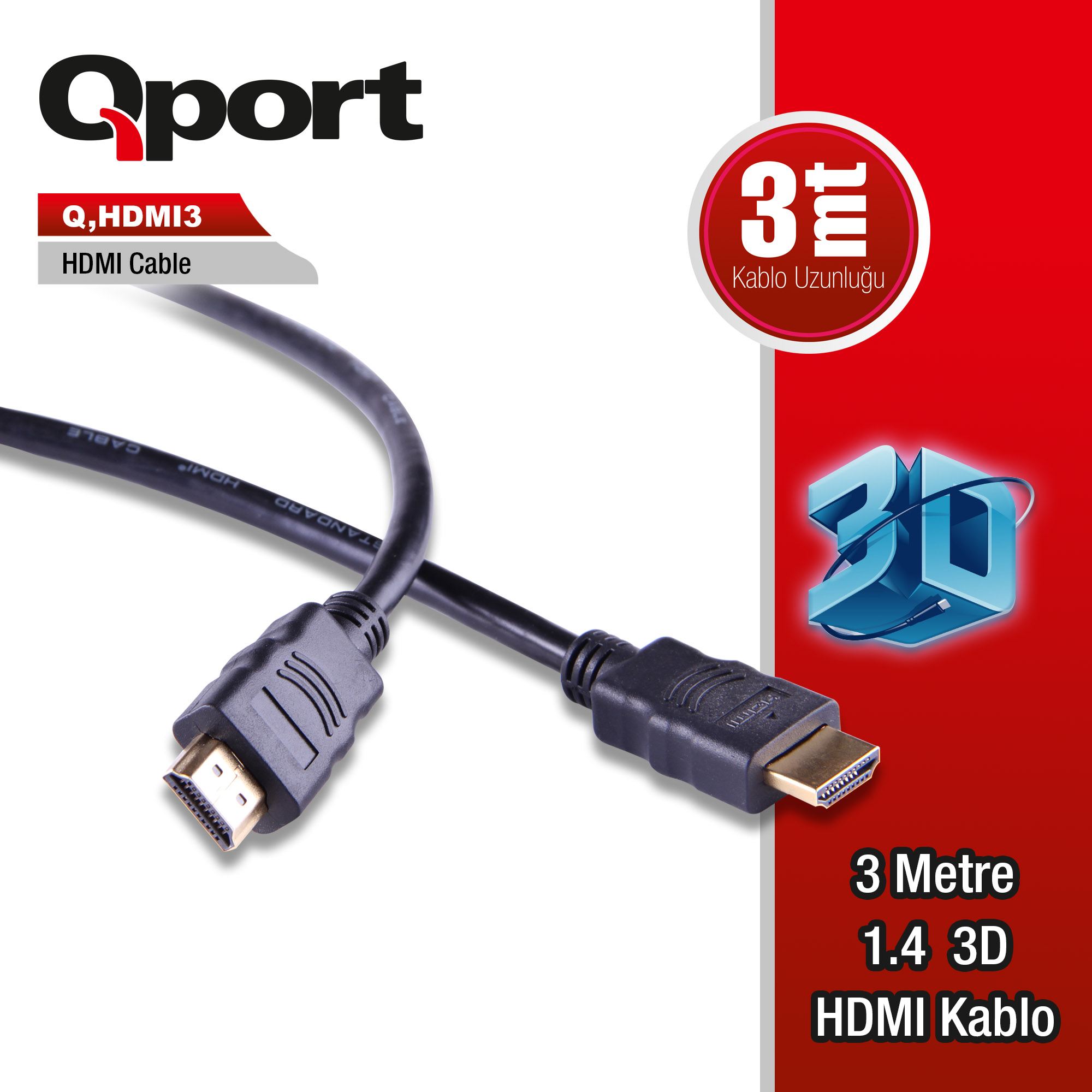 Q-HDMI3 QPORT Q-HDMI3 to HDMI3 1.4 3D 3 METRE ALTIN UÇLU KABLO