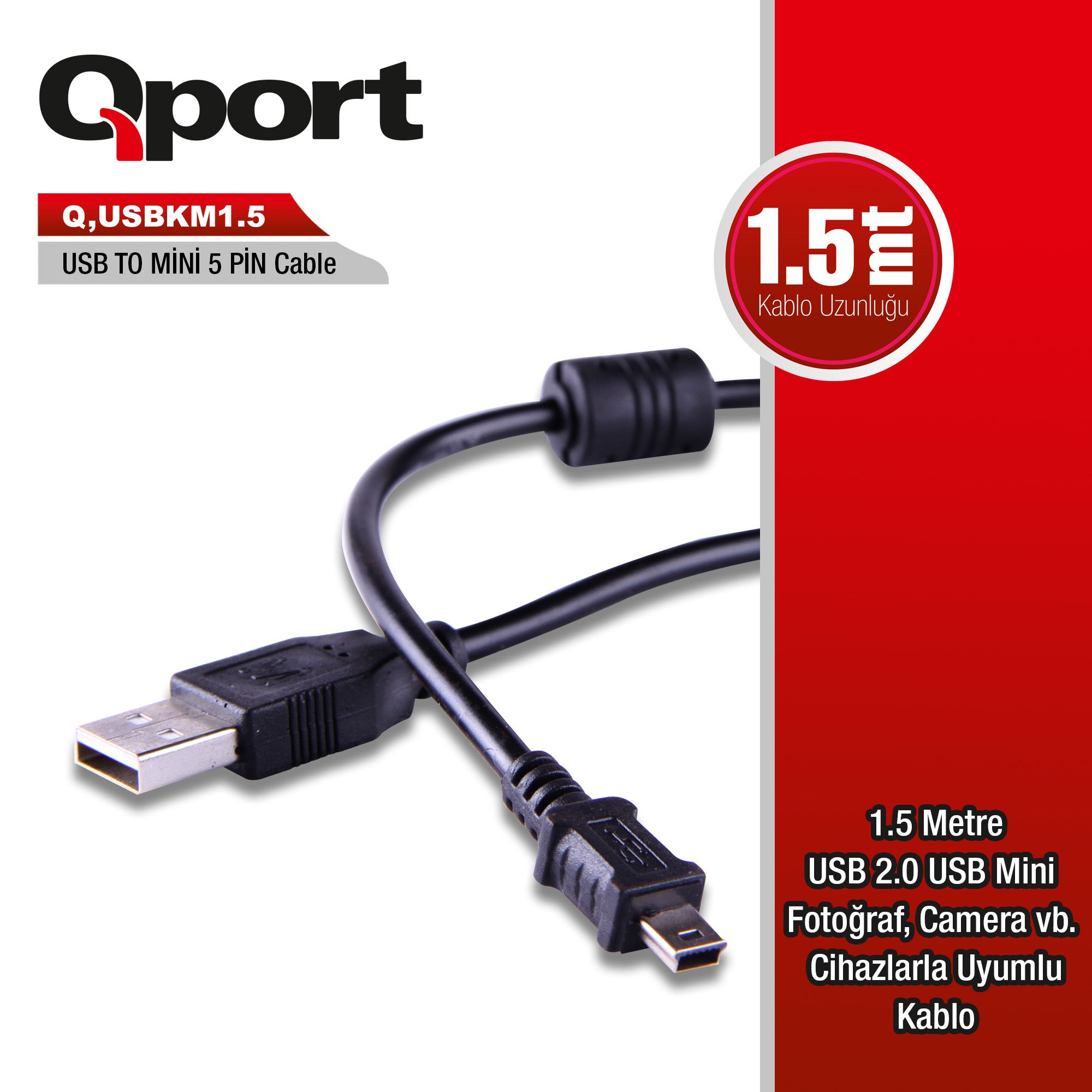 Q-USBKM1_5 QPORT Q-USBKM1.5 1.5 METRE 5PİN KAMERA USB 2.0 ŞARJ DATA KABLOSU